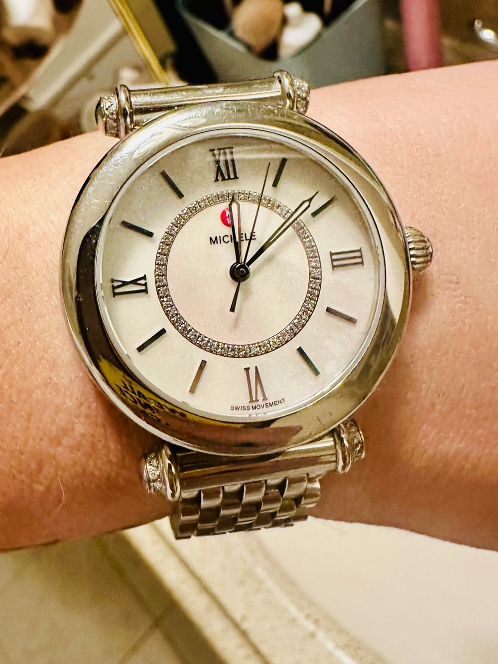 Lk New Michele Diamond Watch Mother Pearl Diamond Watch New Battery All Links - Picture 3 of 9